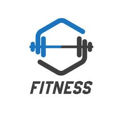 Concepto gimnasio. Logotipo Fitness con mancuerna en hexágono lineal en gris y azul