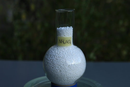 Mineral nitrogen fertilizer ammonium nitrate in granular, in a round bottom flask.