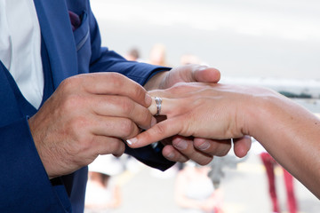Obraz na płótnie Canvas bride and groom couple exchange of wedding rings in marriage day
