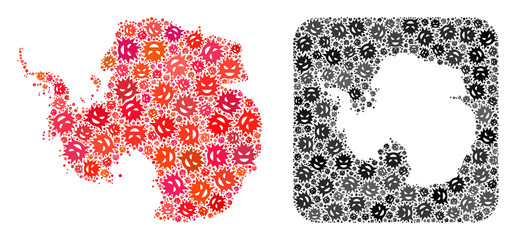Evil virus map of Antarctica collage formed with rounded square and stencil. Vector map of Antarctica collage of evil virus items in different sizes and color tones. Created for geographic propaganda.