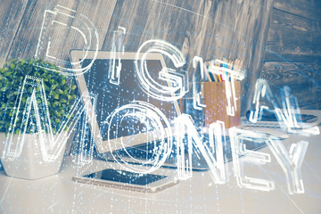 Multi exposure of blockchain theme hologram and table with computer background. Concept of bitcoin crypto currency.