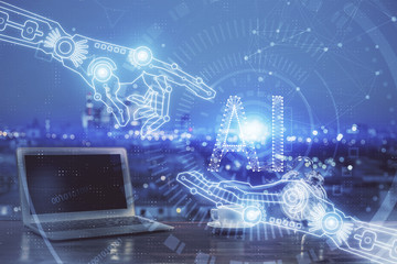 Multi exposure of computer on background and technology theme drawing. Concept of innovation.