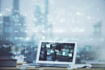 Technology theme drawing and work space with computer. Double exposure. Concept of innovation.