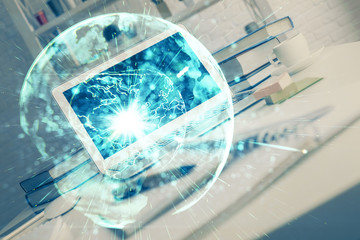 Multi exposure of business theme icons and table with computer background. Concept of success.