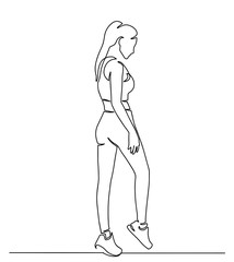 Continuous line drawing of standing woman. Continuous line drawing of standing confident woman. One line drawing of a sport woman. Vector illustration. Woman in sporty clothes