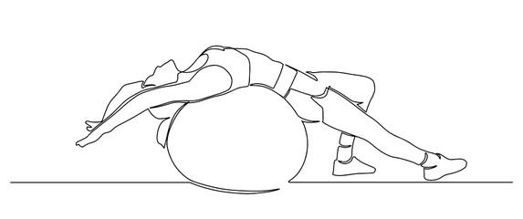 Beautiful girl in sports clothes sitting on a fitness ball one line. young girl doing exercises with fit ball continuous line drawing. woman doing pilates exercises with fit ball. Vector illustration.