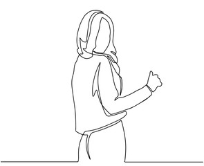 Continuous line drawing of standing woman. Continuous line drawing of standing confident woman. One line drawing of a beautiful woman. Vector illustration