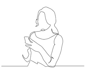 Continuous one line drawing of girl playing and using mobile phone or smartphone. one line vector drawing of business women checking her mobile phone. Vector illustration.