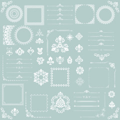 Vintage set of vector horizontal, square and round elements. White elements for backgrounds, frames and monograms. Classic patterns. Set of white patterns
