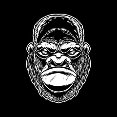 Illustration of head of angry ape in vintage monochrome style. Design element for logo, emblem, sign, poster, card, banner. Vector illustration