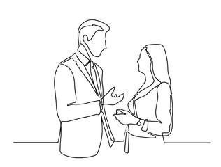 Continuous line drawing of two colleagues standing and talking. continuous line drawing of man and woman discussing work. Vector illustration