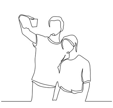 recommend clip art: Continuous One Line Drawing of Selfie lover couple. Vector illustration portrait character of young man and woman, holding smartphone, making selfie photo with smile and happiness. Outline sketch