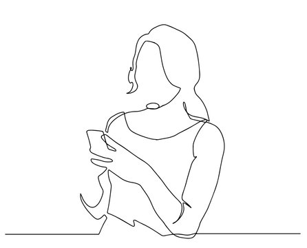 recommend clip art: Continuous one line drawing of girl playing and using mobile phone or smartphone. one line vector drawing of business women checking her mobile phone. Vector illustration.