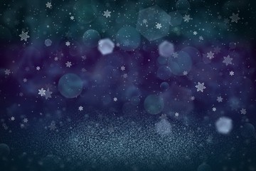 Fototapeta na wymiar wonderful glossy glitter lights defocused bokeh abstract background and falling snow flakes fly, holiday mockup texture with blank space for your content