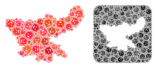 Infection virus map of Jharkhand State mosaic created with rounded square and subtracted space. Vector map of Jharkhand State composition of infection virus items in various sizes and color tinges.