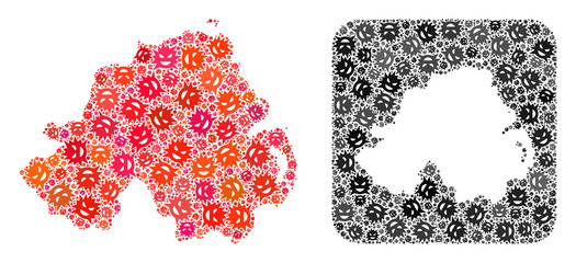 Flu virus map of Northern Ireland mosaic designed with rounded square and hole. Vector map of Northern Ireland mosaic of flu viral parts in variable sizes and color tinges.
