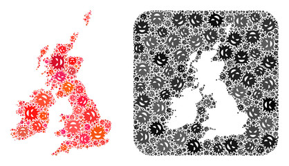 Pandemic virus map of Great Britain and Ireland mosaic formed with rounded square and carved shape. Vector map of Great Britain and Ireland mosaic of pandemic virus parts in variable sizes and shades.