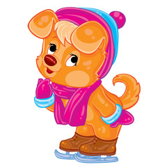 cute ginger puppy character in a hat and scarf is skating, cartoon illustration, postcard, isolated object on a white background vector,