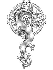tattoo sketch with a dragon in the floral circle