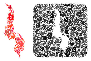 Infection virus map of Malawi mosaic created with rounded square and carved shape. Vector map of Malawi collage of infection virus particles in various sizes and color tones.