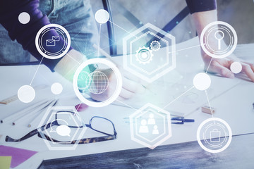 Man's hands working with notes background. Social networking concept.