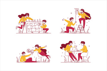 Vector Business & finance illustration hand drawn design style, Man and woman scheduling with calendar, have some idea, money change, discussion of meeting