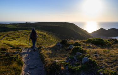 Hiker on the coastline in brittany france