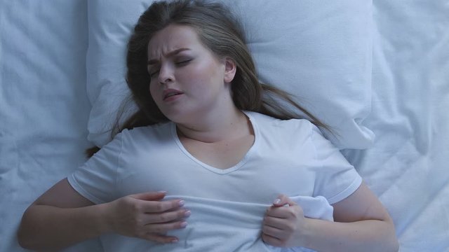 Plus Size Lady Having Anxiety Dream, Sleeping In Bed Night, Stressful Lifestyle