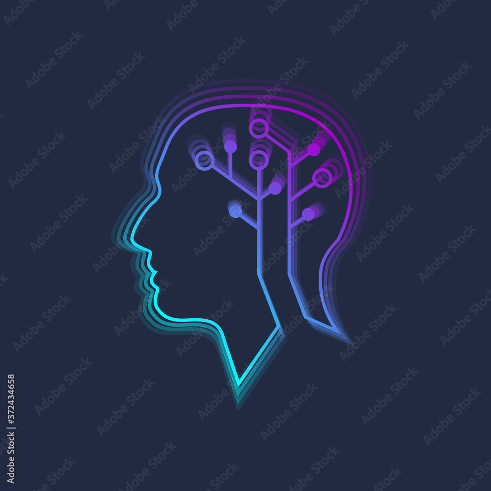 Poster Artificial Intelligence human robot machine learning concept. Robotic digital big data, neural networks.