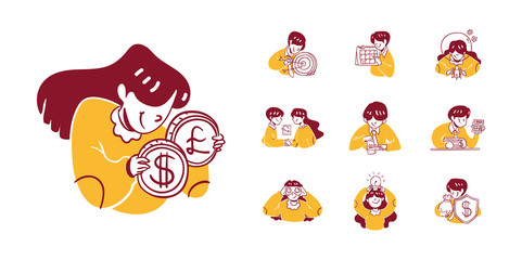 Business and Finance Icon Illustration in Outline Hand Drawn Design Style.Man, Woman, Deal, target, dollar, schedule, tax, cutting, accounting, binoculars, idea, money, protection, shield, trading