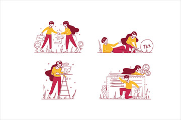 Fototapeta premium Vector Business & finance illustration hand drawn design style, man and woman doing deal agreement, cut the tax, customer service support, saving money in wallet