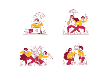 Vector Business & finance illustration hand drawn design style, man and woman doing money security in deposit box, agent money protection, target market, and teamwork strategy