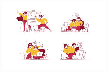 Vector Business & finance illustration hand drawn design style, man and woman doing presentation, calculating with abacus, have some idea, and hiring workers