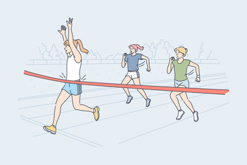 Triumph, sport, victory, success, competition concept. Young happy excited smiling woman girl athlete runner crosses finish red line with ribbon first and winning race. Goal achievement illustration.