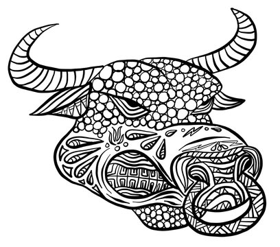 Zentangle stylized doodle vector of bull head. Zen art drawing style. Illustration isolated on white.
