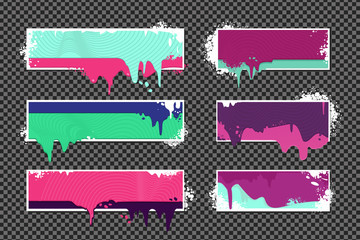 Web banners set with oil paint splashes. Graffiti style borders set on isolated background. Grunge vector backdrop with spray splashes.