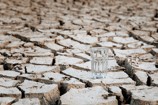 A transparent glass of clean water stands in the middle of dry, cracked land