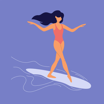 Young woman in swimsuit surfing and dancing on board. Girl with long hair walking on longboard surface. Female surf lifestyle and catching waves. Summer time in sea and surfboard vector illustration