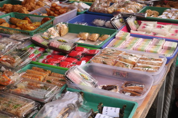 Jajan Pasar (Indonesian for "market munchies"), assorted colorful Indonesian traditional cakes served during festivities.