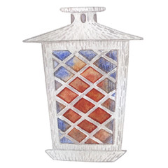 Lantern with colored glasses. Watercolor Christmas object with toys, gingerbread cookies, gifts. Illustration for the new year on a white background.