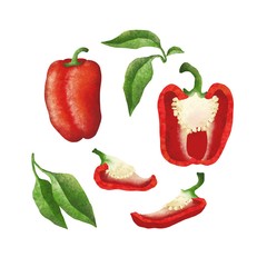 set of red bell peppers with leaves. paprika. halves and pieces of peppers with seeds, pepper in a cut.