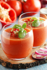 Cold Spanish soup Gazpacho served in glasses