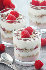 Granola with yogurt trifles with raspberry