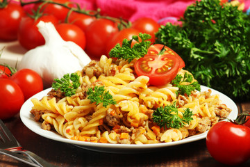 Fusilli pasta with meat and vegetables