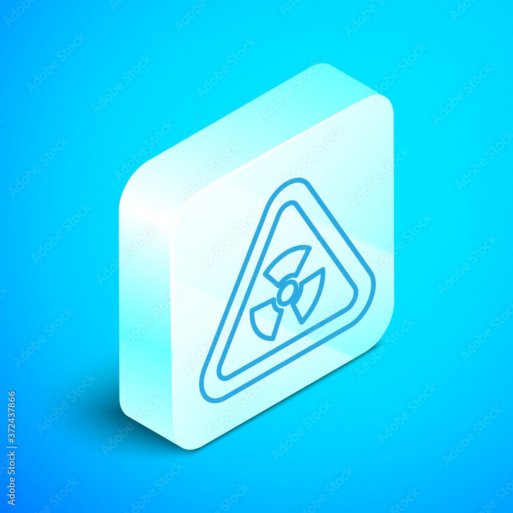 Poster isometric line triangle sign with radiation symbol icon isolated on blue background. silver square b
