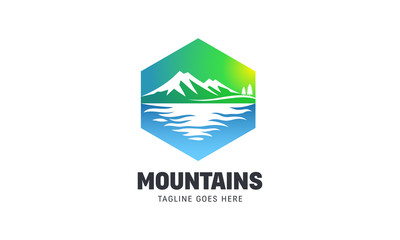 Mountain Logo - Colorful Hexagon and Nature Icon - Abstract Landscape Mountains Lake and Tree Vector Illustration