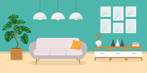 Living room interior with sofa and modern furniture in flat design. Home or house inside. Vector illustration.