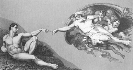 Creation of Adam by Buonarroti in the old book in the old book Rembrandt by Knuckfus, S. Peterburg, 1890 by A. Andreieva, St. Petersburg, 1878 © wowinside
