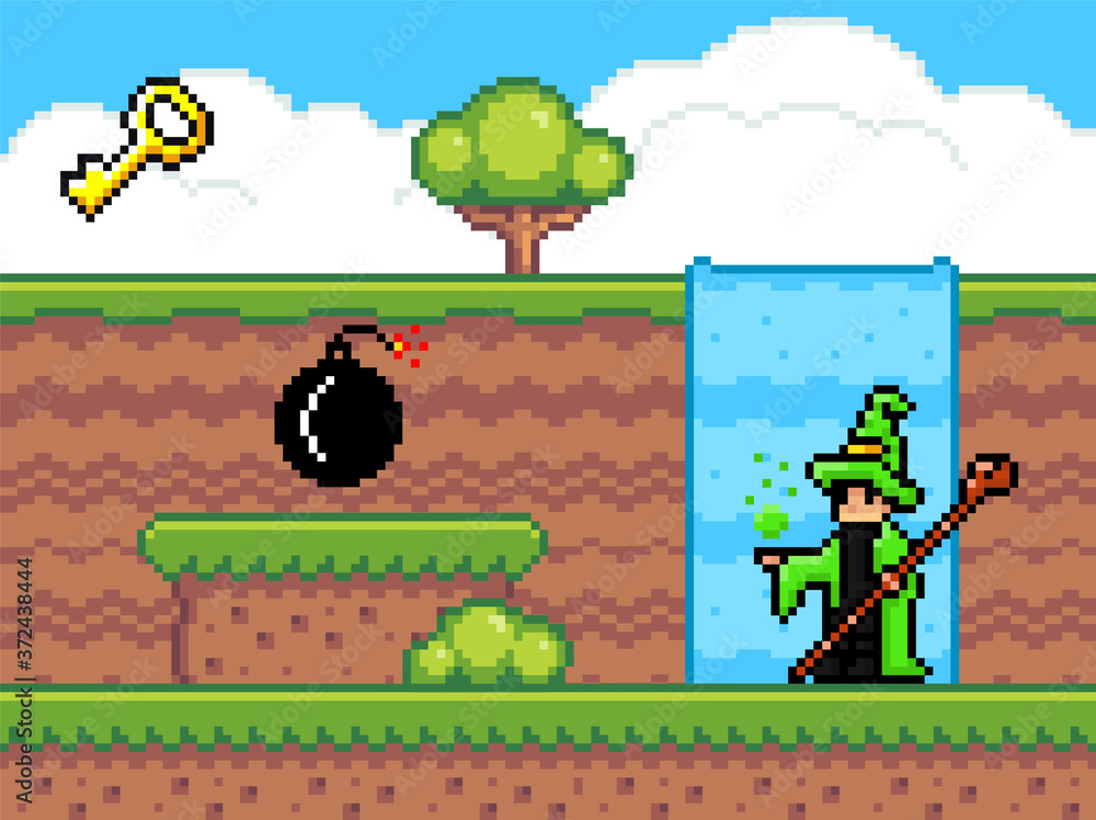Poster pixel art game background with wizard and waterfall. pixel game scene with ground plarforms, tree, w