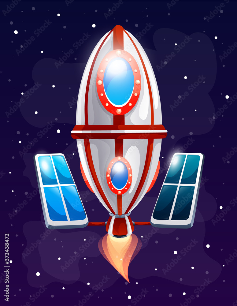 Poster colorful spaceship or satellite at space background. concept of space icon for computer game. space 